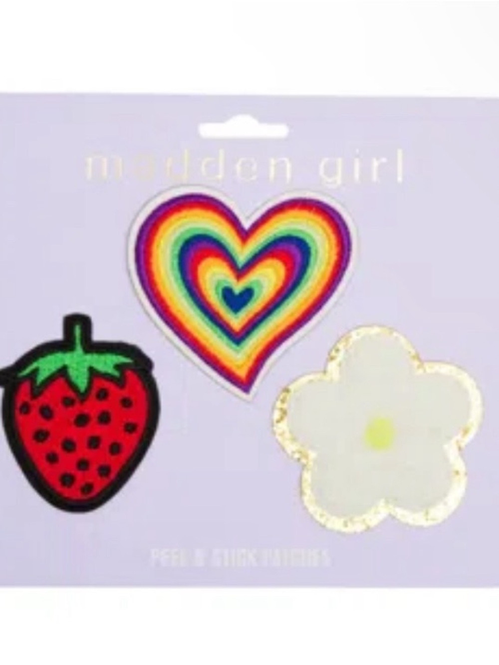 Madden Girl Peel & Stick Patch Set | Rainbow Heart, Strawberry & Flower